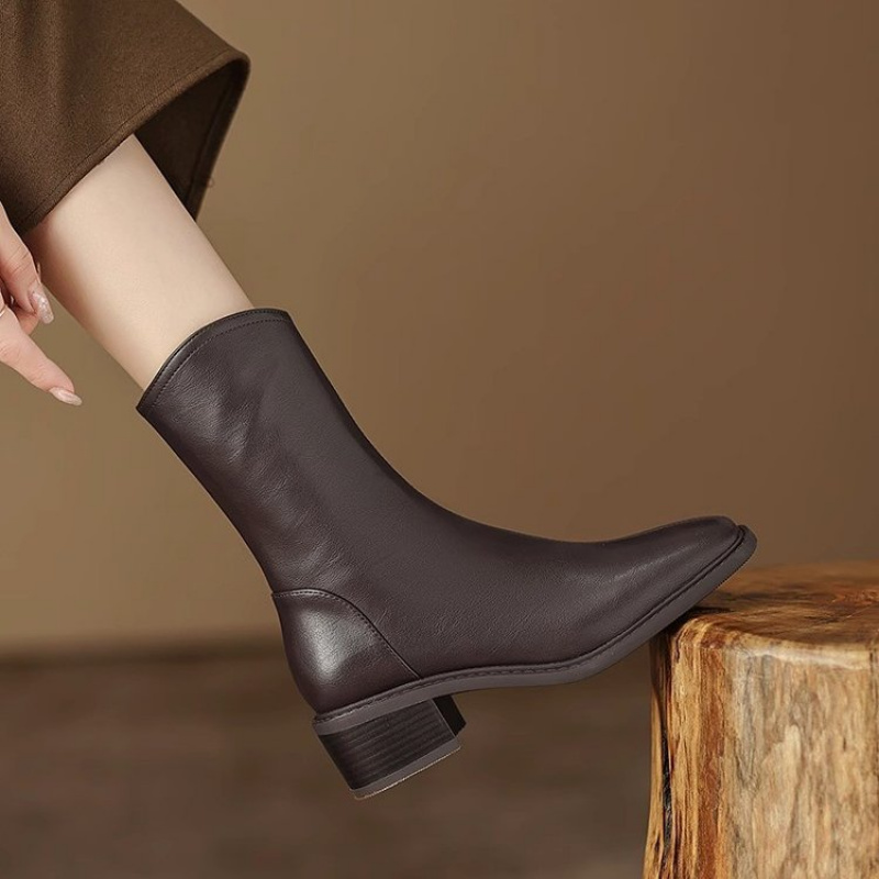 Botas de cano curto de couro c - Vintage Fashion Dresses avaliação e preço