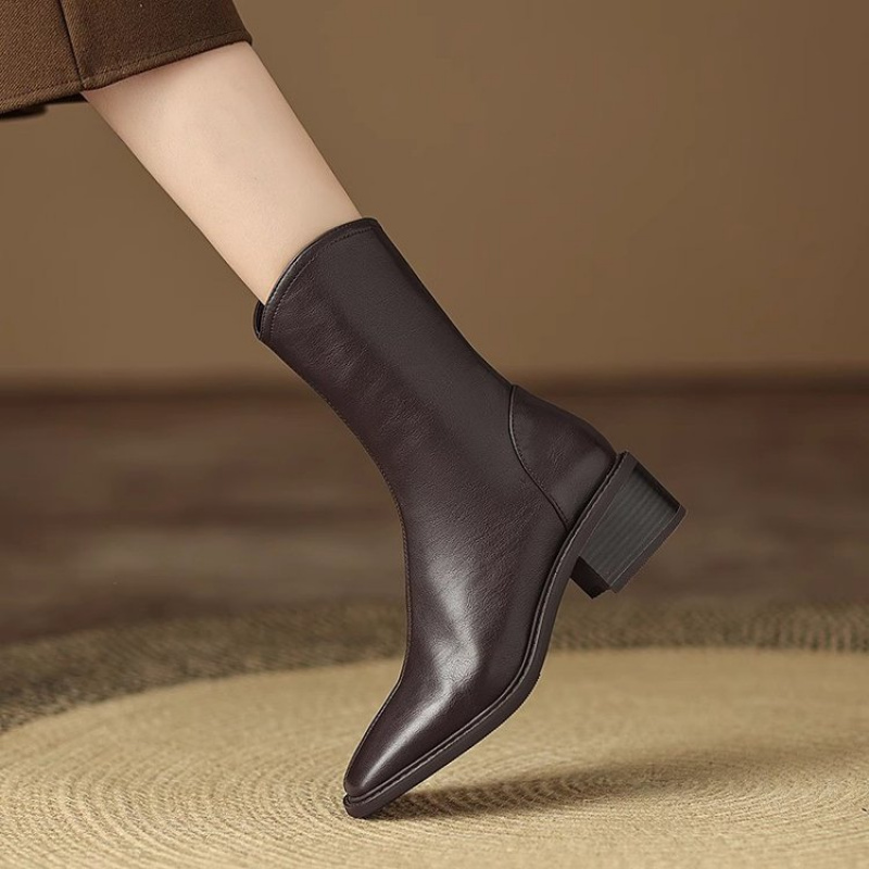 Botas de cano curto de couro c - Vintage Fashion Dresses avaliação e preço